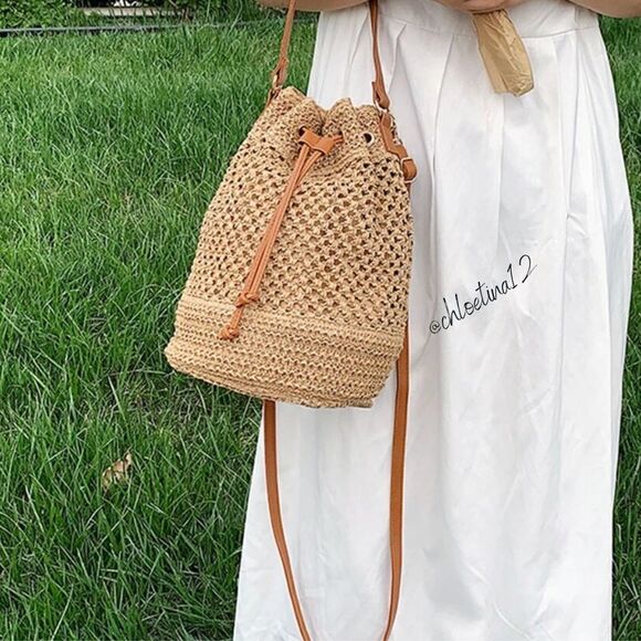 Women's Woven Straw Bucket Drawstring Tote Handbag, Light Brown or Beige - Picture 2 of 12